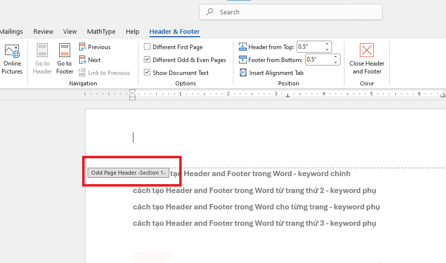 Tạo Header and Footer riêng cho trang chẵn và trang lẻ (Odd & Even Pages)
