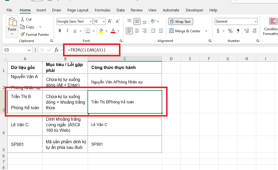 Hàm CLEAN kết hợp TRIM trong Excel để làm sạch toàn diện