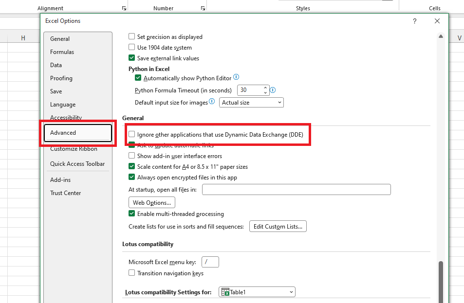 Tắt tính năng DDE (Dynamic Data Exchange) trong Excel