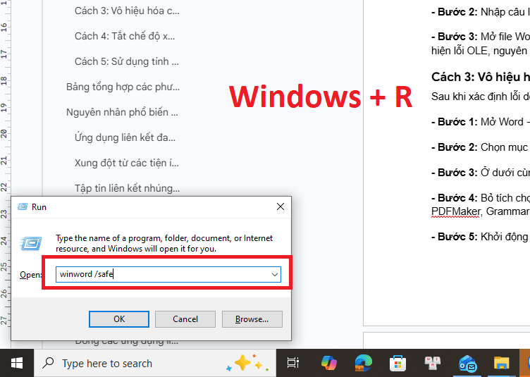 Khởi động Word ở chế độ Safe Mode để kiểm tra nguyên nhân