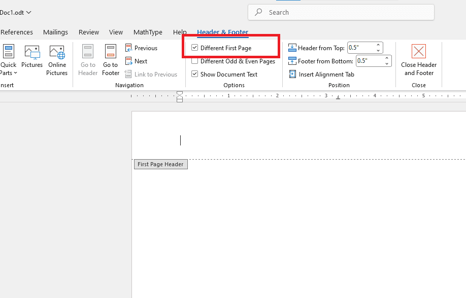 Các bước thực hiện bằng tính năng Different First Page