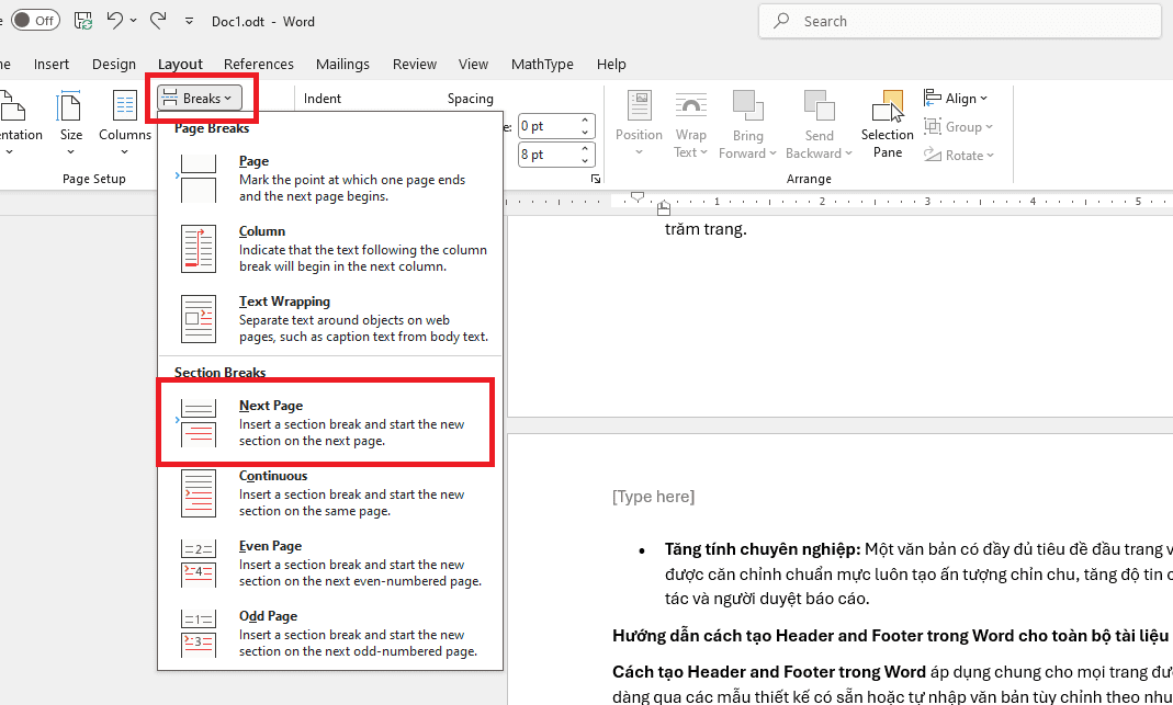 Cách tạo Header and Footer trong Word từ trang thứ 3