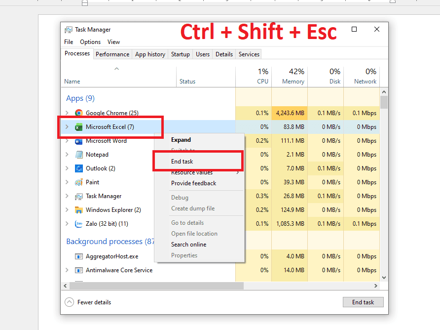 Sử dụng Task Manager để tắt tiến trình bị treo
